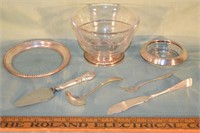 3 sterling silver and glass table wares, 4 serving