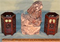 Lot: 2 Chinese inlaid & carved rosewood brush hold