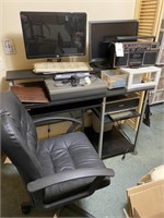 Desk, chair, radio, monitors, printer lot
