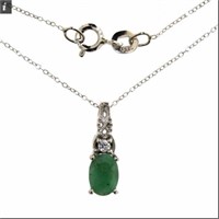 Genuine Oval Emerald & White Zircon Necklace