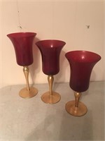 Lot of 3 Glass Red & Gold Candlesticks