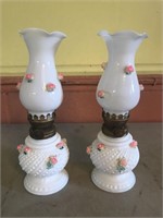 Pair of Small Milkglass Hobnail Floral Oil Lamps