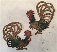 Vintage Midwest Cast Metal Wall Hanging Roosters