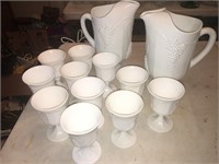 Pair of Milk Glass Pitchers with Goblets