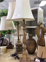 Medium brown candlestick lamp with linen shade