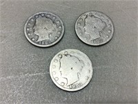 Three 1883 Liberty nickels with cents