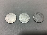 Three 1887 Liberty nickels