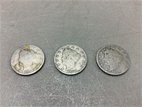 Three 1890 Liberty nickels