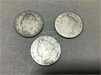 Three 1891 Liberty nickels