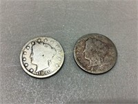 Two 1890 Liberty nickels