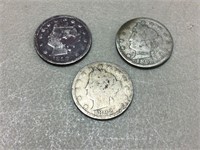 Three 1892 Liberty nickels