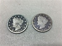 Two 1893 Liberty nickels