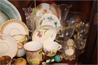 GLASSWARE, PLATES, SAUCERS, CUPS, VASES, MISC.
