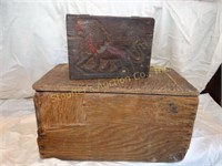 Carved wood box & primitive wood box largest is