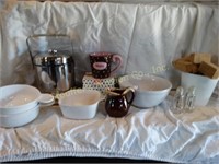 Metal Ice Bucket, mug, soup bowls, wood mallets,