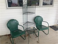 2 metal chairs, 16 in sq. Table & 5 ft. Metal rack