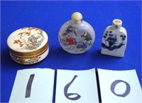 2 Oriental Snuff Bottles & Covered Box