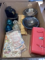 Silver plated bowls, Glass insulators, lunchbox &