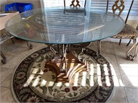 4’ glass top table with wood base and metal