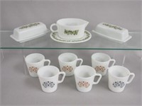 PYREX MUGS, GRAVY BOAT & 2 BUTTER DISHES: