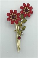 Vintage Red Rhinestone & Faux Pearl Flower Brooch