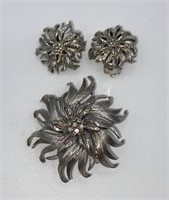 Vintage Silver Tone Star Flower Brooch & Earrings