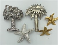 Lot of 4 Palm Trees, Starfish Brooches & Earrings