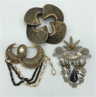 Lot of 3 Bronze Tone Faux Pearl Artistic Brooches
