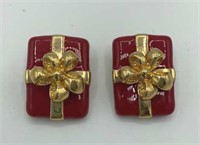 SWAROVSKI Red Christmas Present Gold Bow Earrings
