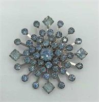 Vintage Light Blue Rhinestone Snowflake 2” Brooch