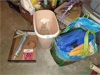 Assorted Grocery Bags, Trash Can & Caulking Gun