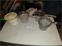 (3) Pyrex Glass Pots & Enamelware Pot