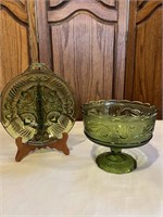 VINTAGE GREEN CANDY COMPOTE AND DISH