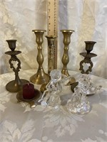 LOT OF BRASS AND GLASS CANDLES HOLDERS