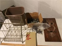 Magazine rack, wastebasket, string art, Anderson