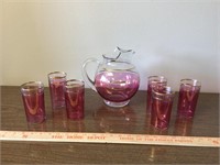 Pink and gold pitcher and 6 glass set