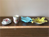 Glass teacup/saucer, candy dishes