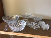Glass serving bowls, relish tray, coasters