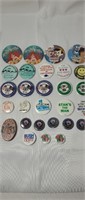 Metal Lapel Buttons and Vintage Sewing Kit Tin