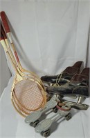 Vintage Ice & Roller Skates and Badminton Racquets