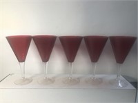 Set of 5 Ruby red clear stem plastic wine glasses