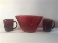 Amber in’s art glass bowl and 2 Ruby red glass