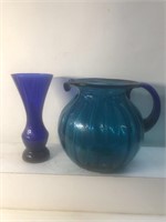 Art glass pitcher and vase cobalt and turquoise