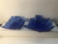 Decorative blue glass leaf shaped bowls