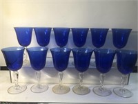 Set of 12 cobalt blue clear stem wine glasses 8”