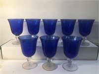 Set of 8 cobalt blue glasses clear stem6 3/4”