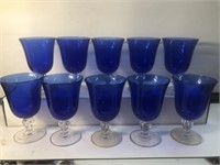 Set of 10 cobalt blue glasses clear stems 6 3/4”