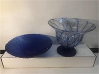 Cobalt blue art glass bowl and compote