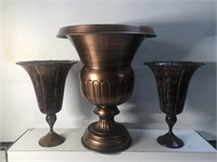 Lot of 3 metal urn style vases tallest measures