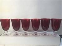 Set of 6 Ruby red glass glasses with clear stems